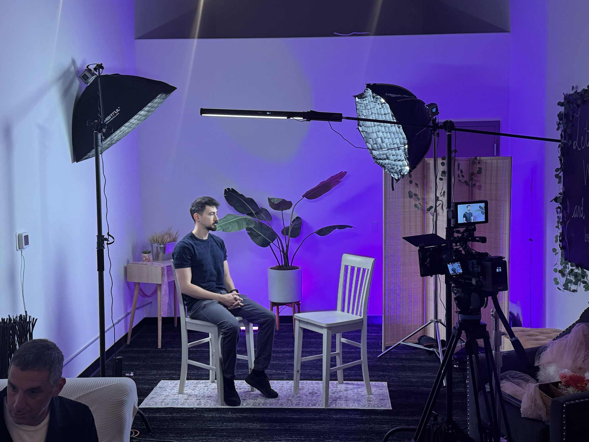Multi-camera interview set built by KON Media in Indio, softbox lighting and styled backdrop, Coachella Valley production studio